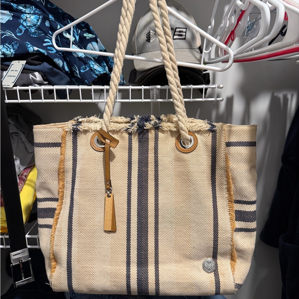 Vince Camuto Striped Tan and Blue Tote Bag